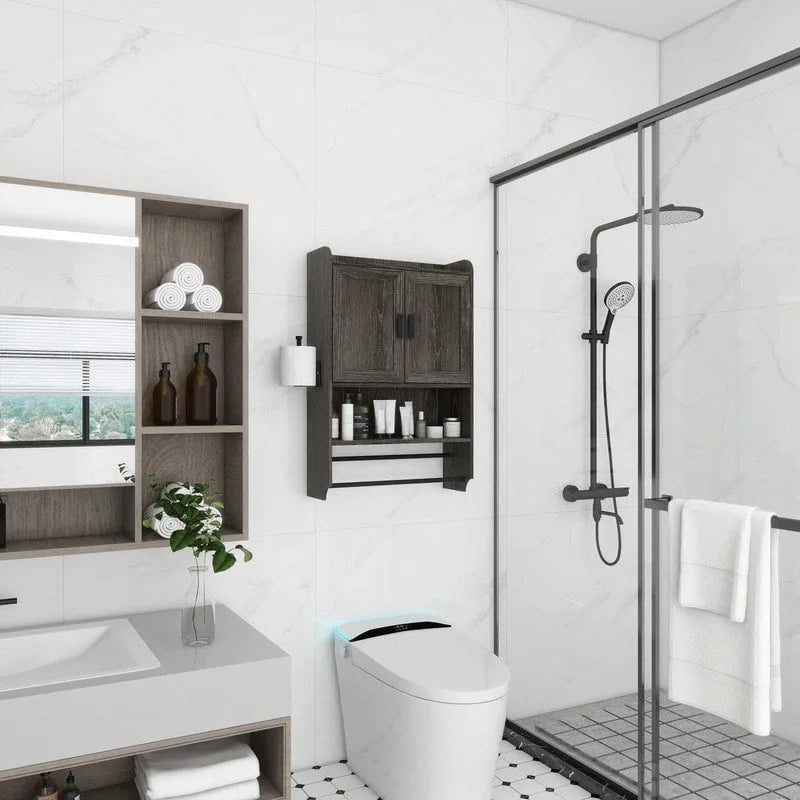 Armario de baño con estante ajustable, toallero y portarrollos