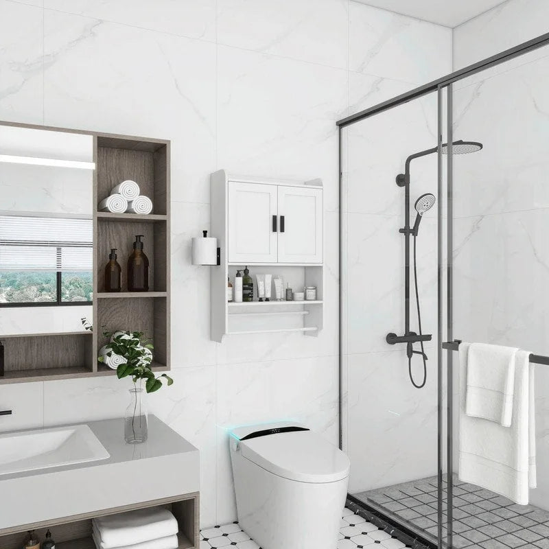 Armario de baño con estante ajustable, toallero y portarrollos