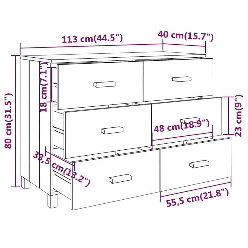 Buffet en bois de pin massif avec 6 tiroirs coulissants fluides — 113 cm (L) x 40 cm (P) x 80 cm (H)