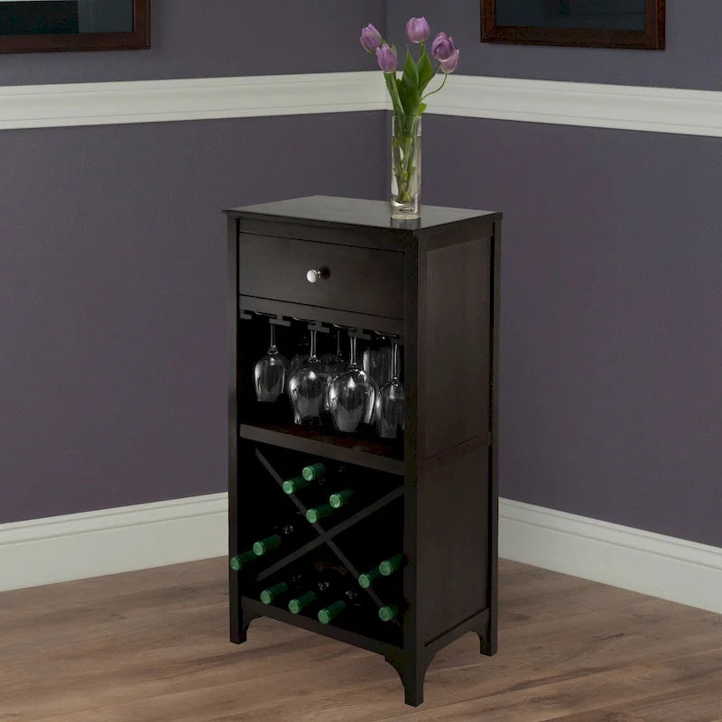 Meuble à vin Espresso avec tiroir, porte-verres et casier à vin en X — Bois massif et composite
