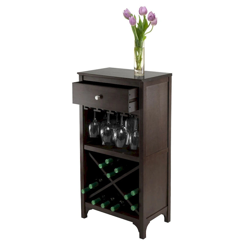 Meuble à vin Espresso avec tiroir, porte-verres et casier à vin en X — Bois massif et composite