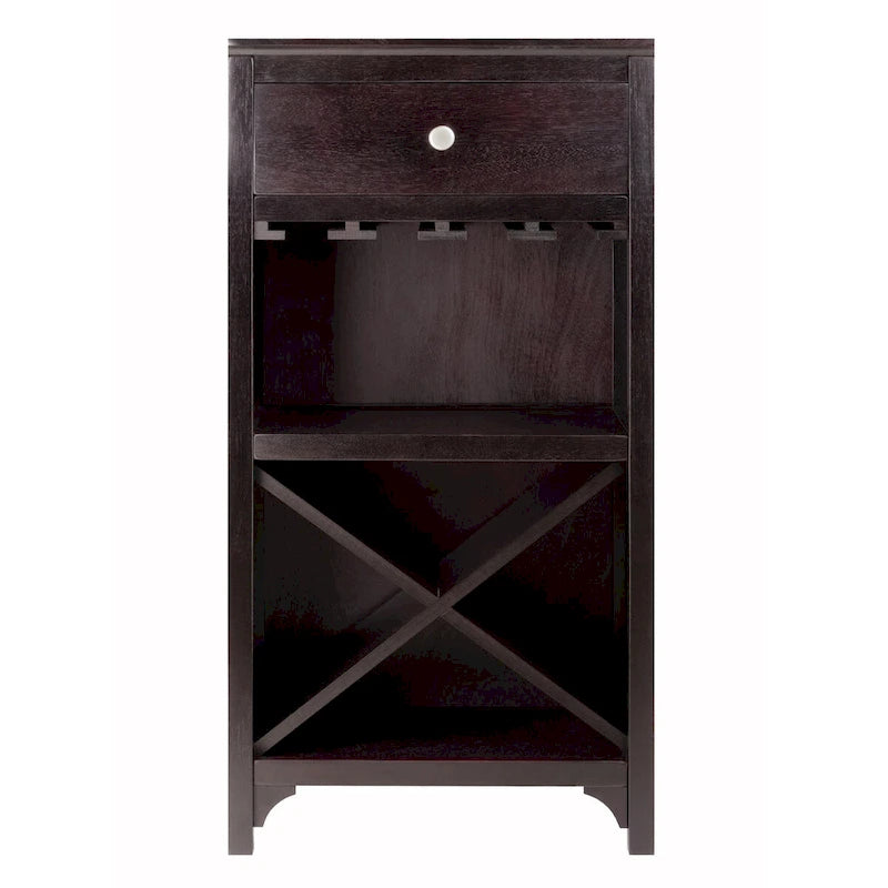 Meuble à vin Espresso avec tiroir, porte-verres et casier à vin en X — Bois massif et composite