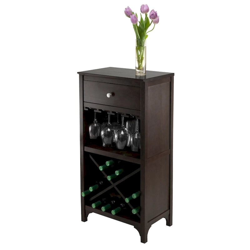 Botellero de espresso con cajón, colgadores de vidrio y almacenamiento de vino en X — Madera maciza y compuesta