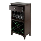 Botellero de espresso con cajón, colgadores de vidrio y almacenamiento de vino en X — Madera maciza y compuesta