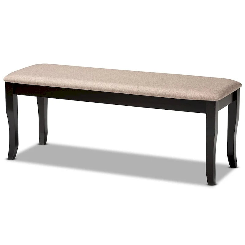 Banc de salle à manger capitonné de style transitionnel moderne — Chêne foncé et hévéa, pieds cabriolets