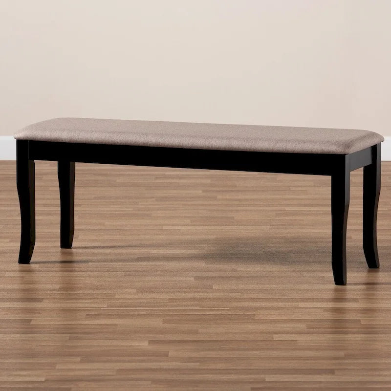 Banc de salle à manger capitonné de style transitionnel moderne — Chêne foncé et hévéa, pieds cabriolets