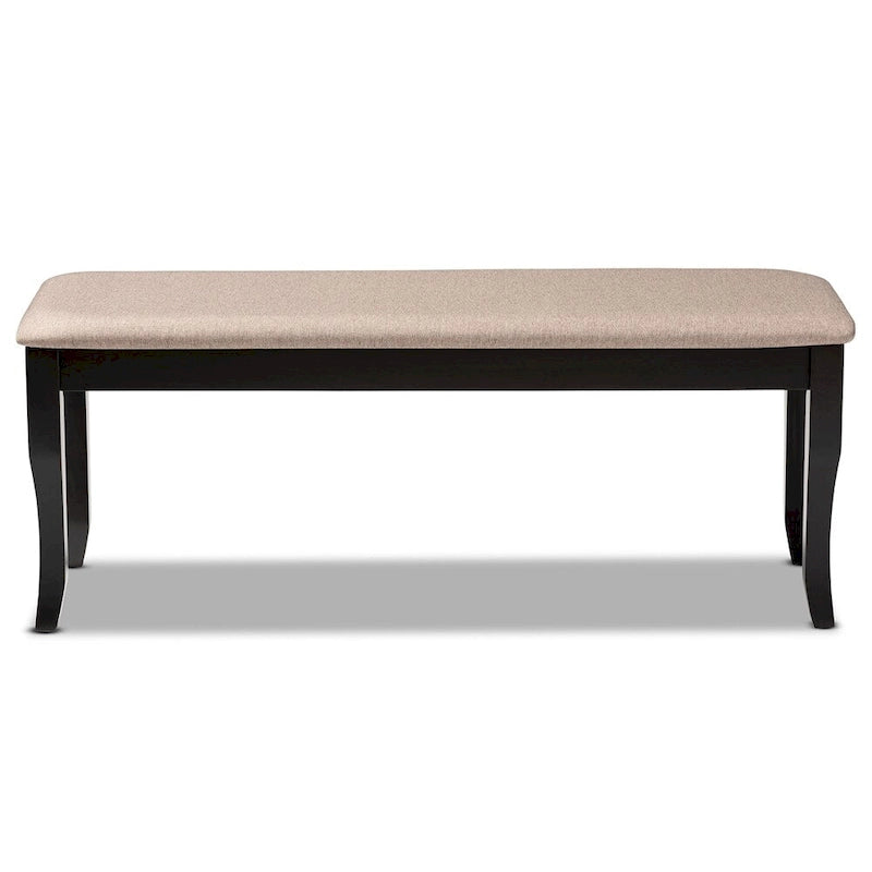 Banc de salle à manger capitonné de style transitionnel moderne — Chêne foncé et hévéa, pieds cabriolets