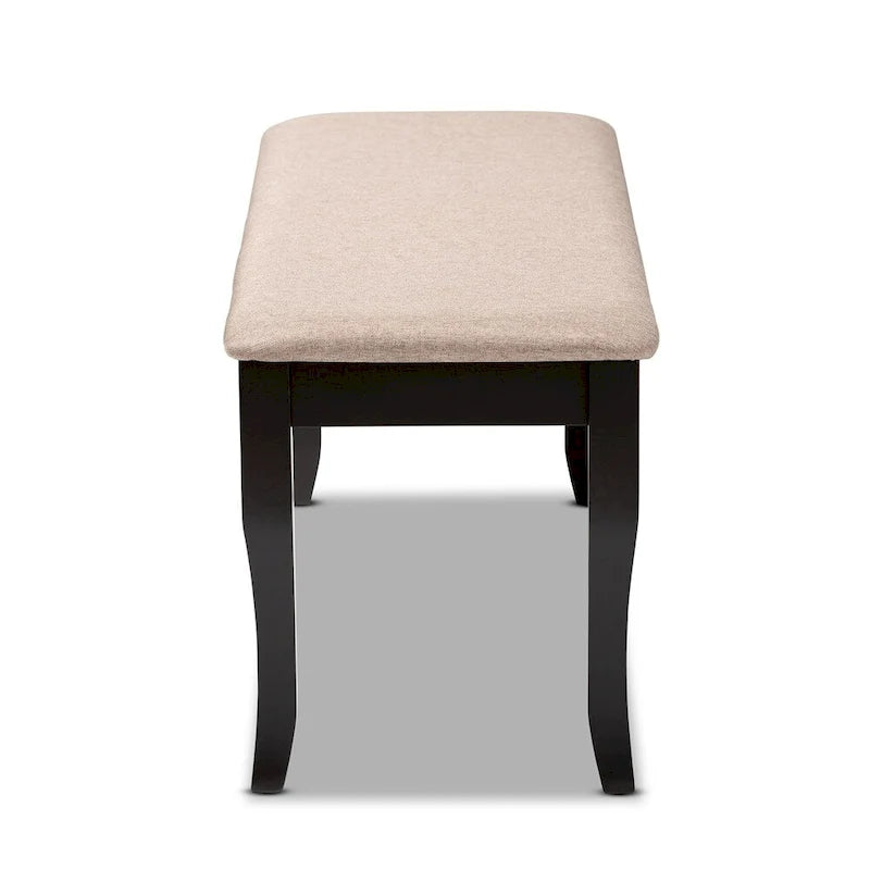 Banc de salle à manger capitonné de style transitionnel moderne — Chêne foncé et hévéa, pieds cabriolets