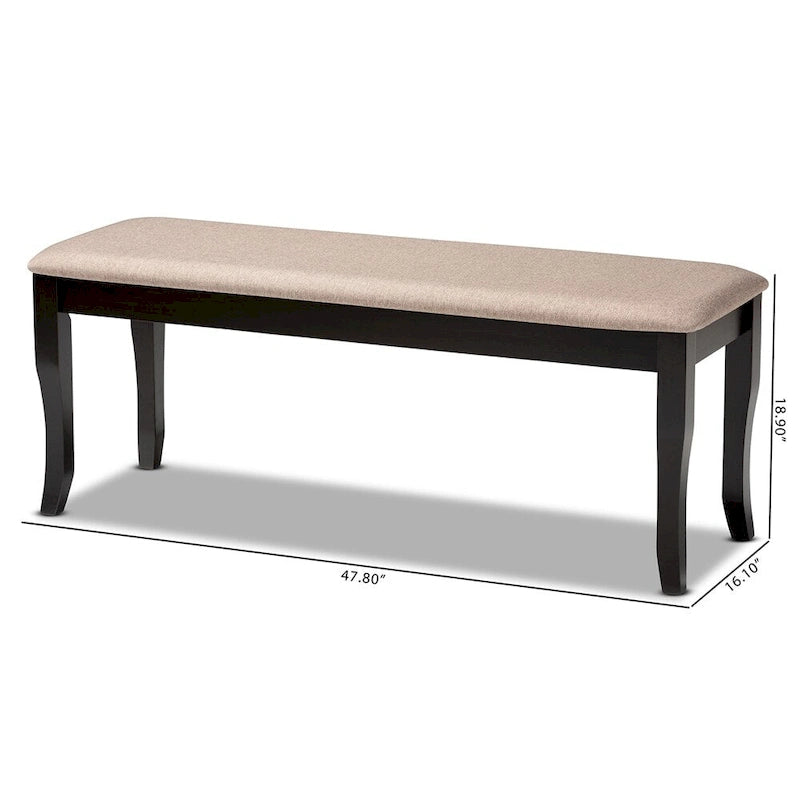 Banco de comedor tapizado transitorio moderno — Roble oscuro y caucho, patas cabriolé