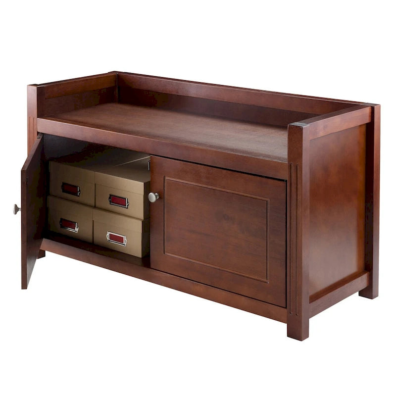 Banc de rangement en noyer avec meuble à 2 portes — Bois massif et composite, 39,76 po L
