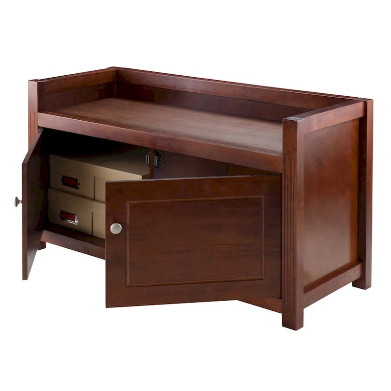 Banc de rangement en noyer avec meuble à 2 portes — Bois massif et composite, 39,76 po L