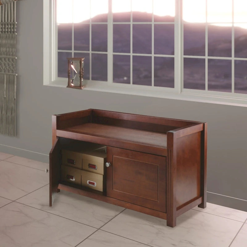 Banc de rangement en noyer avec meuble à 2 portes — Bois massif et composite, 39,76 po L