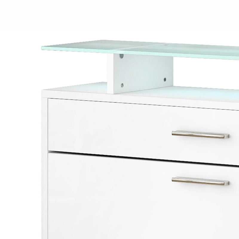 Zapatero de madera con superficie de cristal y abrazaderas de luz LED