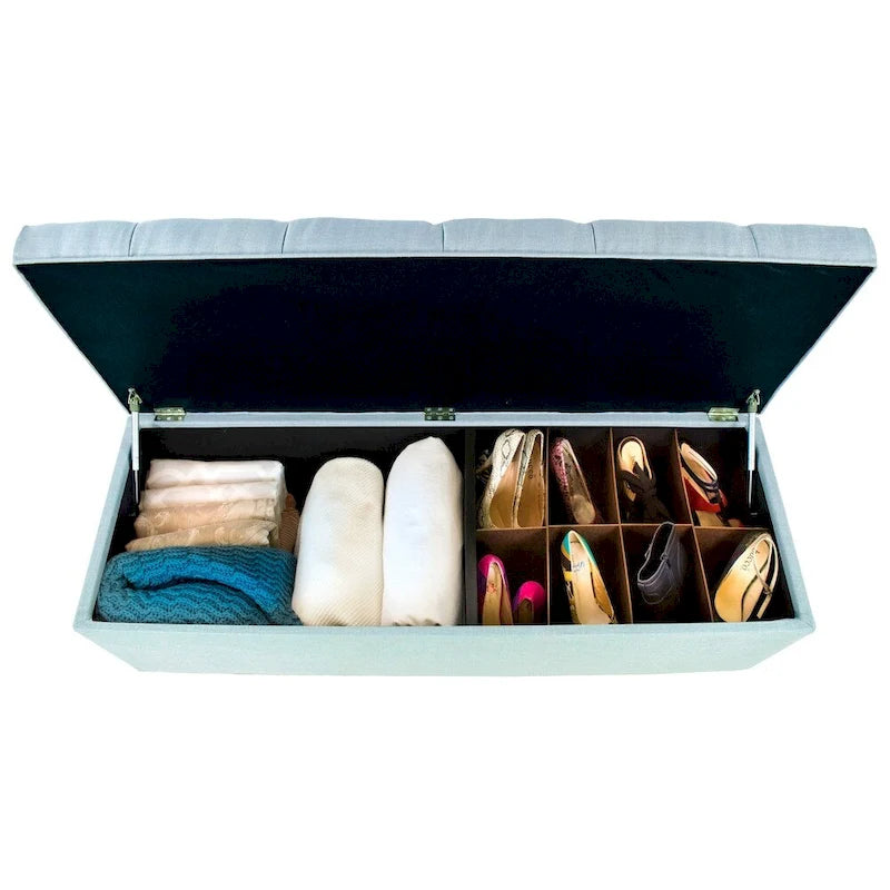 Banco de Almacenamiento Elevable con Tapa Acolchada de Capitón y Compartimentos Duales — Almacenamiento de Zapatos y Ropa Blanca, 134 cm de Ancho