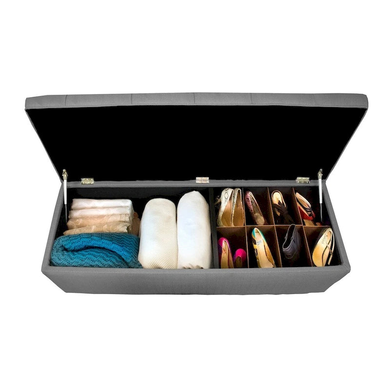 Banco de Almacenamiento Elevable con Tapa Acolchada de Capitón y Compartimentos Duales — Almacenamiento de Zapatos y Ropa Blanca, 134 cm de Ancho