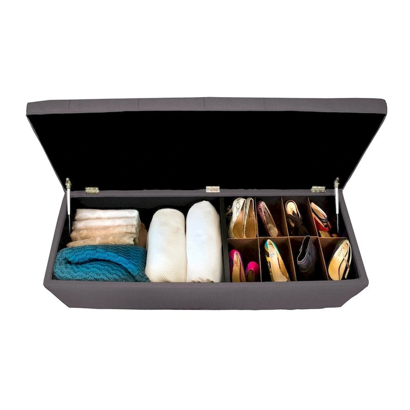 Banco de Almacenamiento Elevable con Tapa Acolchada de Capitón y Compartimentos Duales — Almacenamiento de Zapatos y Ropa Blanca, 134 cm de Ancho