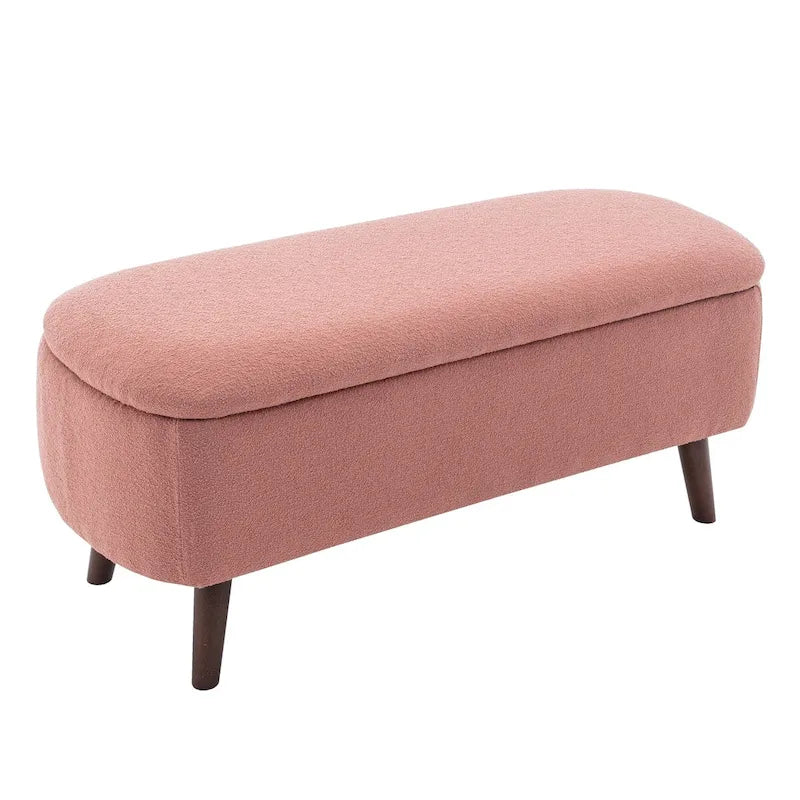 Banc de rangement en tissu bouclé avec pieds en bois d'hévéa — Couvercle à charnière, capacité de 120 kg
