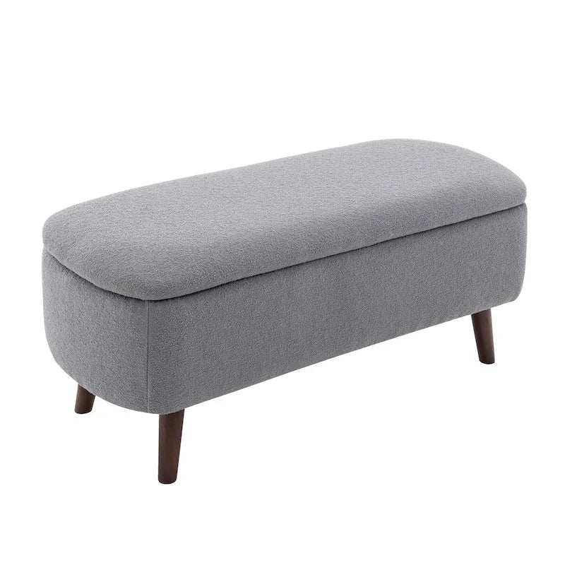 Banc de rangement en tissu bouclé avec pieds en bois d'hévéa — Couvercle à charnière, capacité de 120 kg