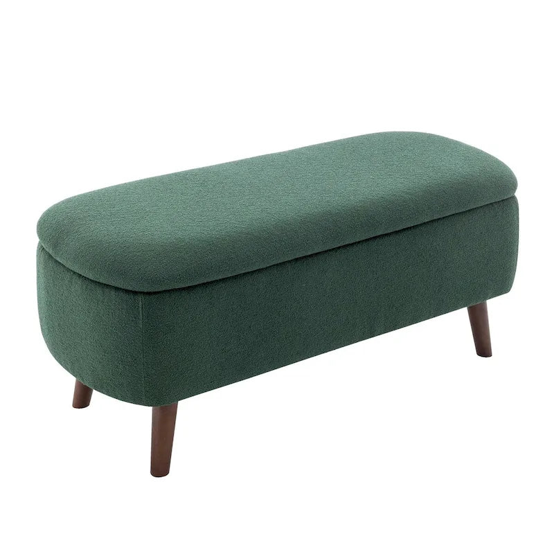 Banc de rangement en tissu bouclé avec pieds en bois d'hévéa — Couvercle à charnière, capacité de 120 kg