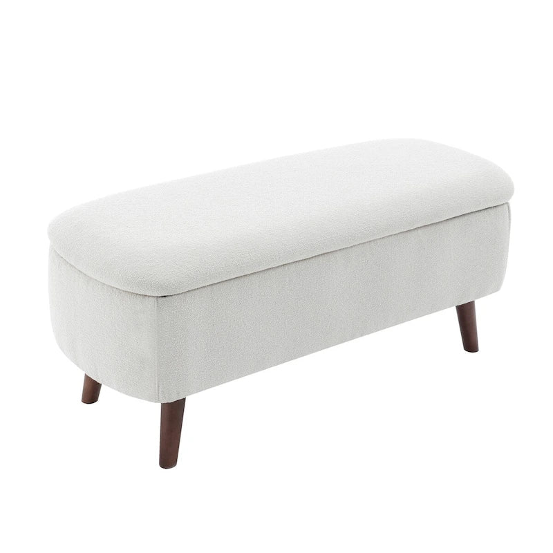 Banc de rangement en tissu bouclé avec pieds en bois d'hévéa — Couvercle à charnière, capacité de 120 kg