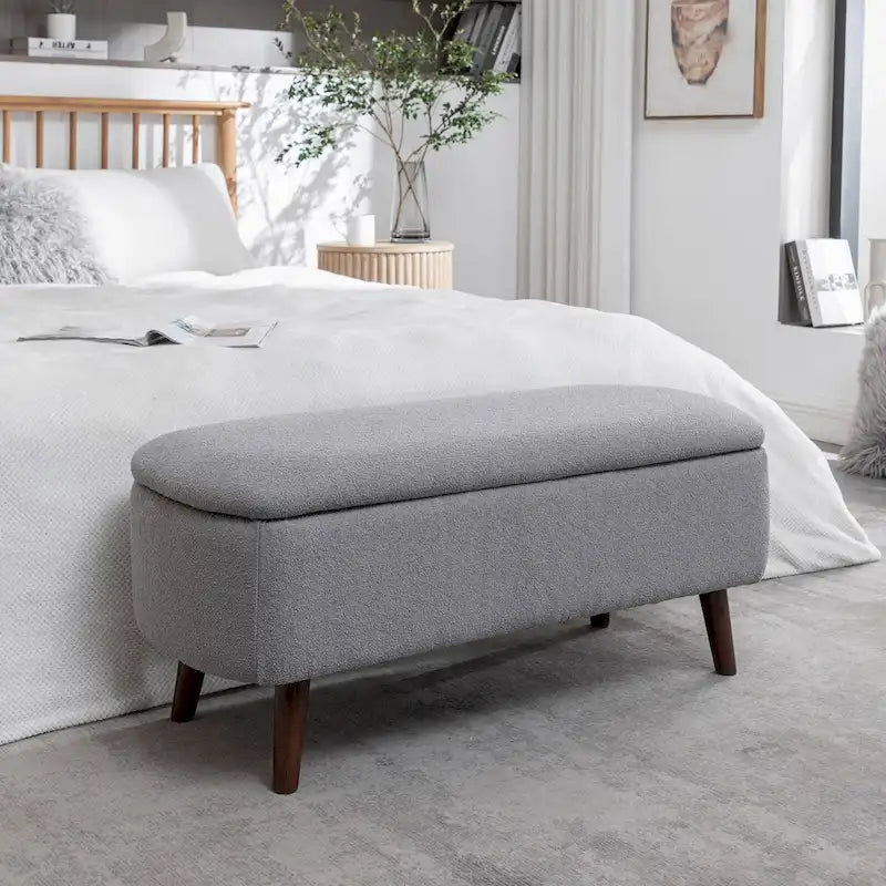 Banc de rangement en tissu bouclé avec pieds en bois d'hévéa — Couvercle à charnière, capacité de 120 kg