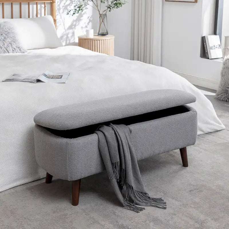 Banc de rangement en tissu bouclé avec pieds en bois d'hévéa — Couvercle à charnière, capacité de 120 kg