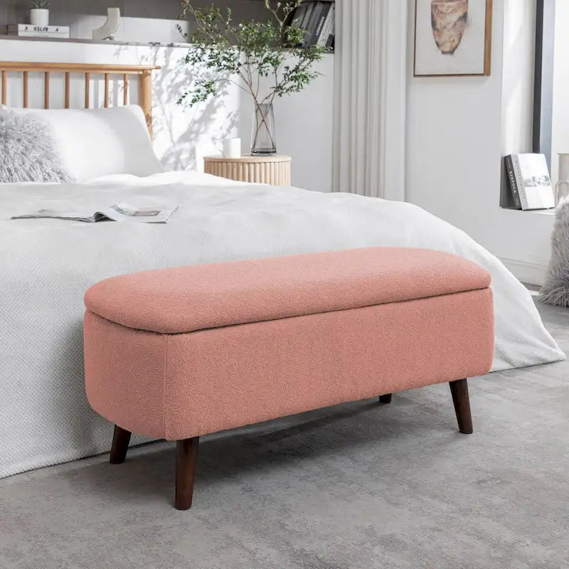 Banc de rangement en tissu bouclé avec pieds en bois d'hévéa — Couvercle à charnière, capacité de 120 kg