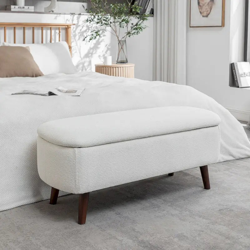 Banc de rangement en tissu bouclé avec pieds en bois d'hévéa — Couvercle à charnière, capacité de 120 kg