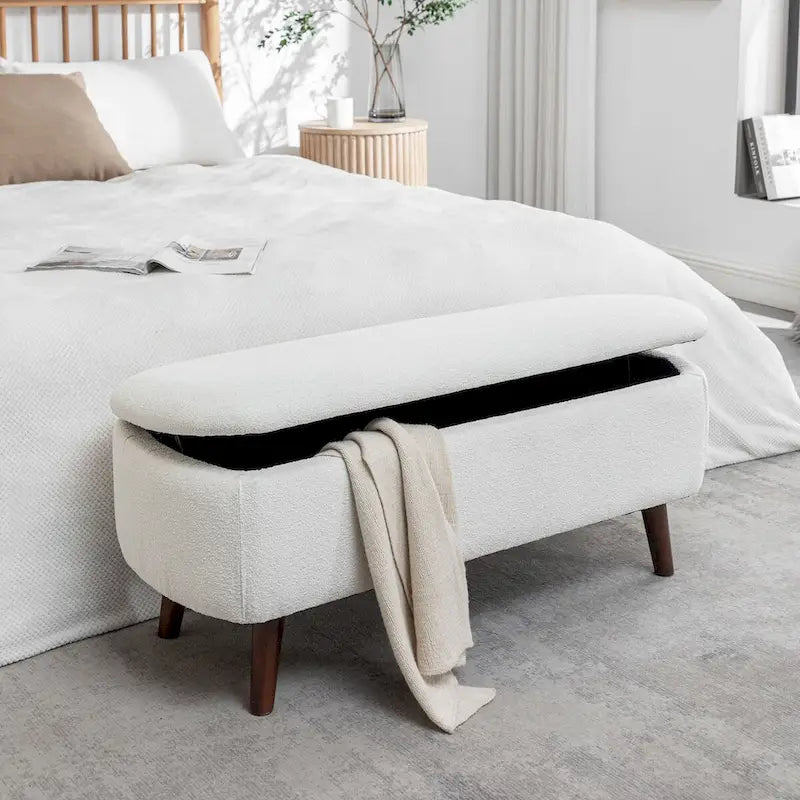 Banco de almacenamiento de tela bouclé con patas de madera de caucho — Tapa abatible, capacidad de 120 kg