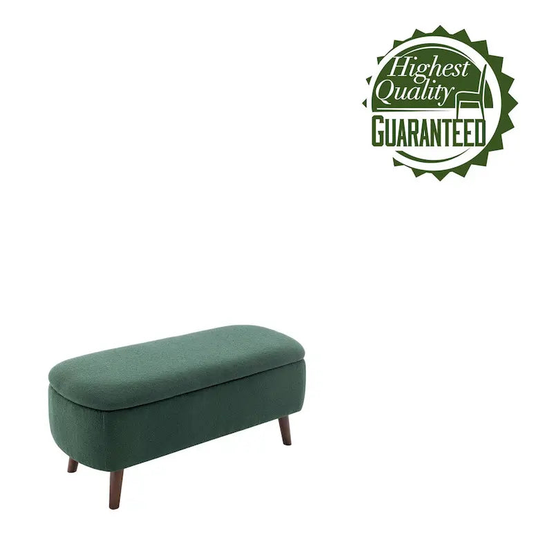 Banco de almacenamiento de tela bouclé con patas de madera de caucho — Tapa abatible, capacidad de 120 kg