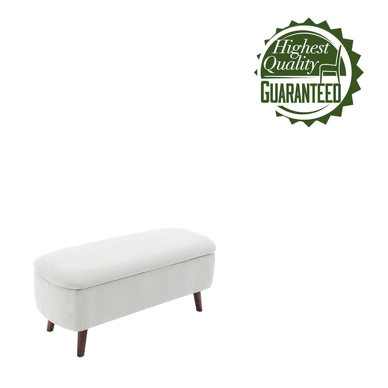 Banco de almacenamiento de tela bouclé con patas de madera de caucho — Tapa abatible, capacidad de 120 kg