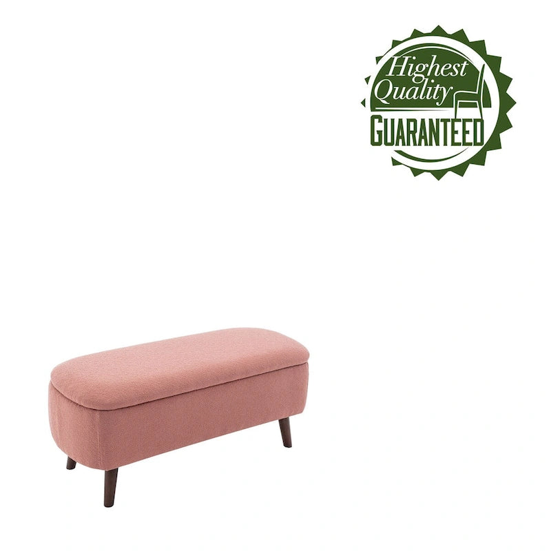 Banco de almacenamiento de tela bouclé con patas de madera de caucho — Tapa abatible, capacidad de 120 kg