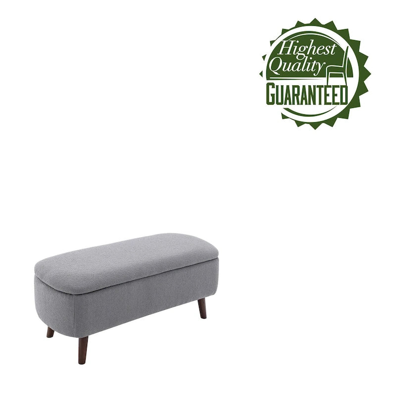 Banco de almacenamiento de tela bouclé con patas de madera de caucho — Tapa abatible, capacidad de 120 kg