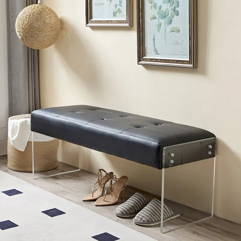 Banc rembourré en similicuir avec base en acrylique — 113,5 cm L, capacité de 127 kg, chambre et entrée
