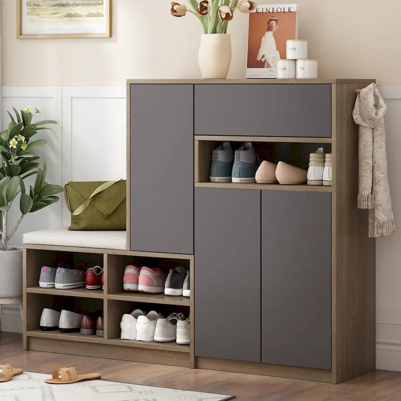 Banc à chaussures 2-en-1 et armoires à chaussures, Meuble à chaussures multifonctionnel avec siège rembourré et étagères réglables