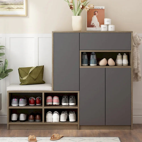 Banc à chaussures 2-en-1 et armoires à chaussures, Meuble à chaussures multifonctionnel avec siège rembourré et étagères réglables