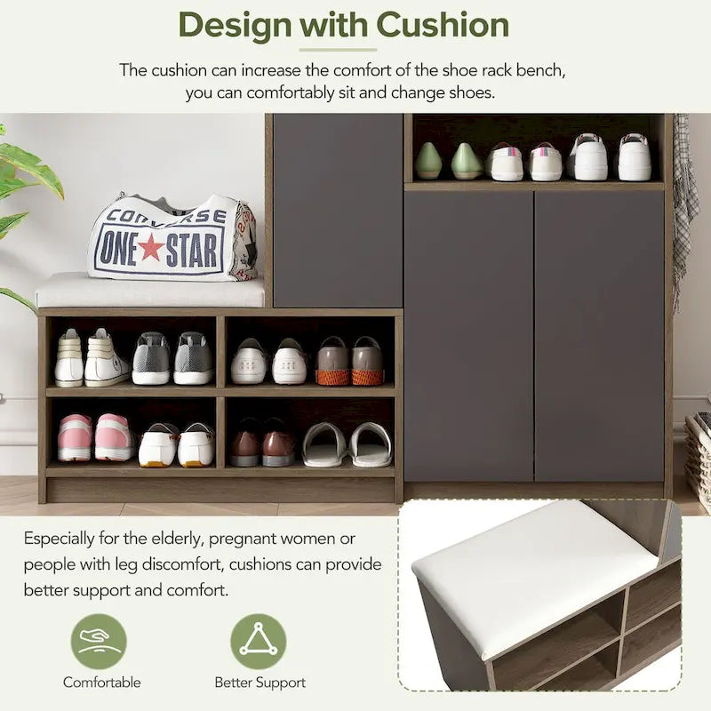 Banc à chaussures 2-en-1 et armoires à chaussures, Meuble à chaussures multifonctionnel avec siège rembourré et étagères réglables