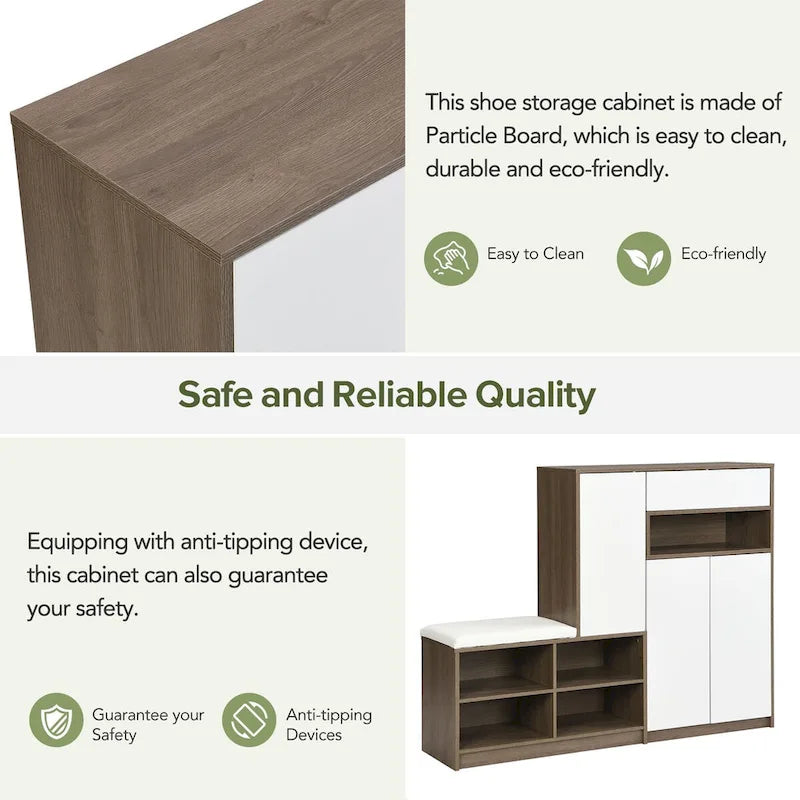 Banco/Zapatero 2 en 1 y Armarios para ZapatosZapatero multifuncional con asiento acolchado, con estantes ajustables