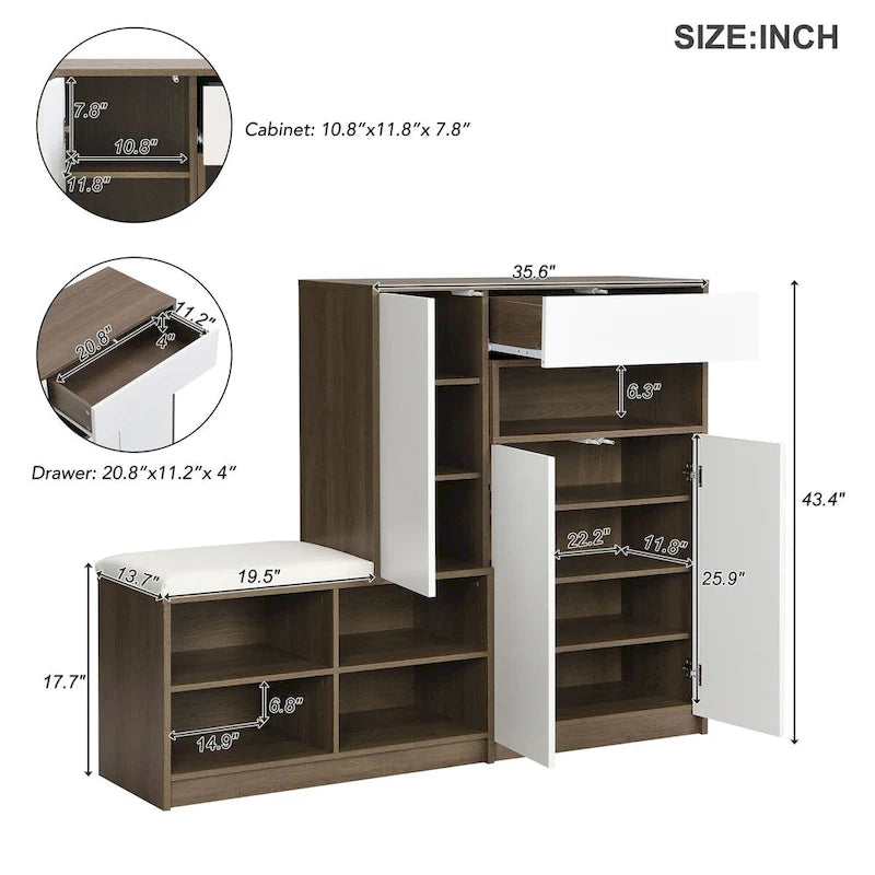 Banco/Zapatero 2 en 1 y Armarios para ZapatosZapatero multifuncional con asiento acolchado, con estantes ajustables