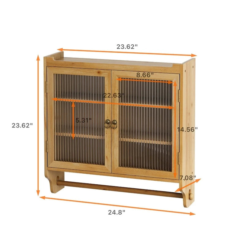 Armoire murale vintage à double porte de 63 cm avec 3 niveaux de rangement et porte-serviettes — Couleur bois d'origine