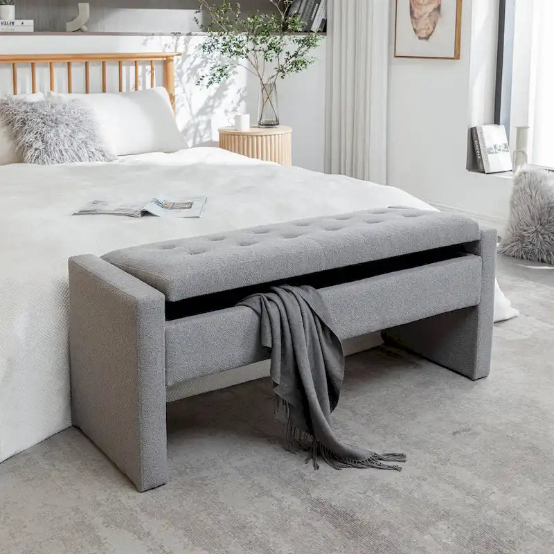 Banc de rangement rabattable en tissu bouclette — 122 cm de large, capacité de 120 kg, pour chambre et entrée
