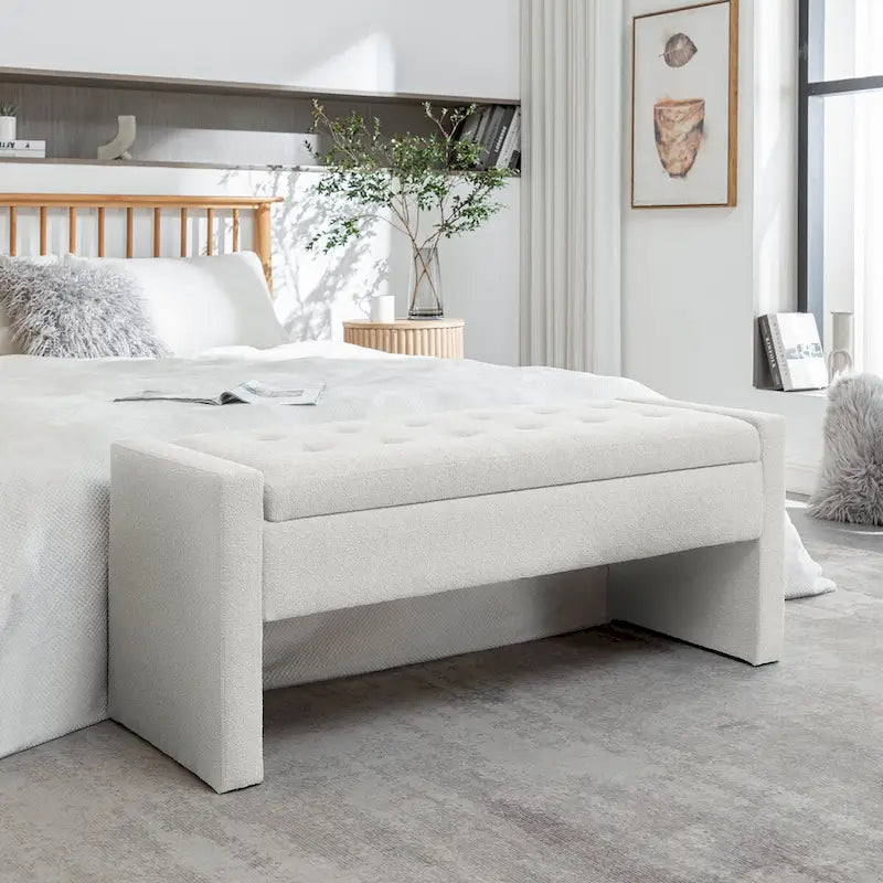 Banc de rangement rabattable en tissu bouclette — 122 cm de large, capacité de 120 kg, pour chambre et entrée