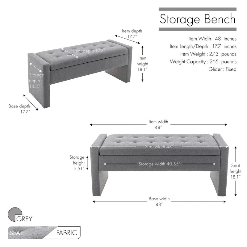 Banco de almacenamiento con tapa abatible de tela de bucle - 122 cm de ancho, 120 kg de capacidad, para dormitorio y recibidor