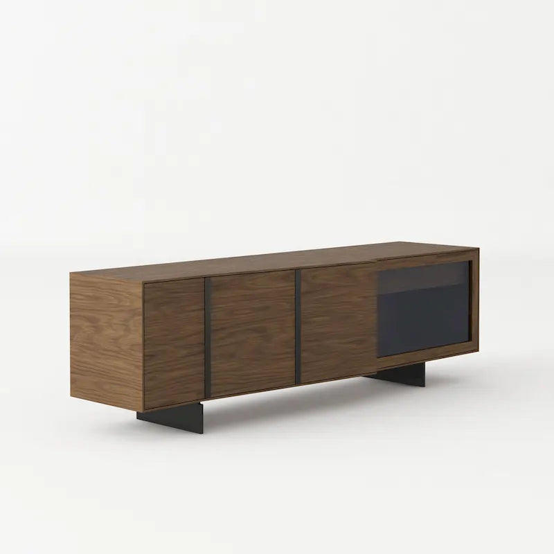 Enfilade Mid-Century Modern avec placage en noyer, portes obliques et panneau en verre gris
