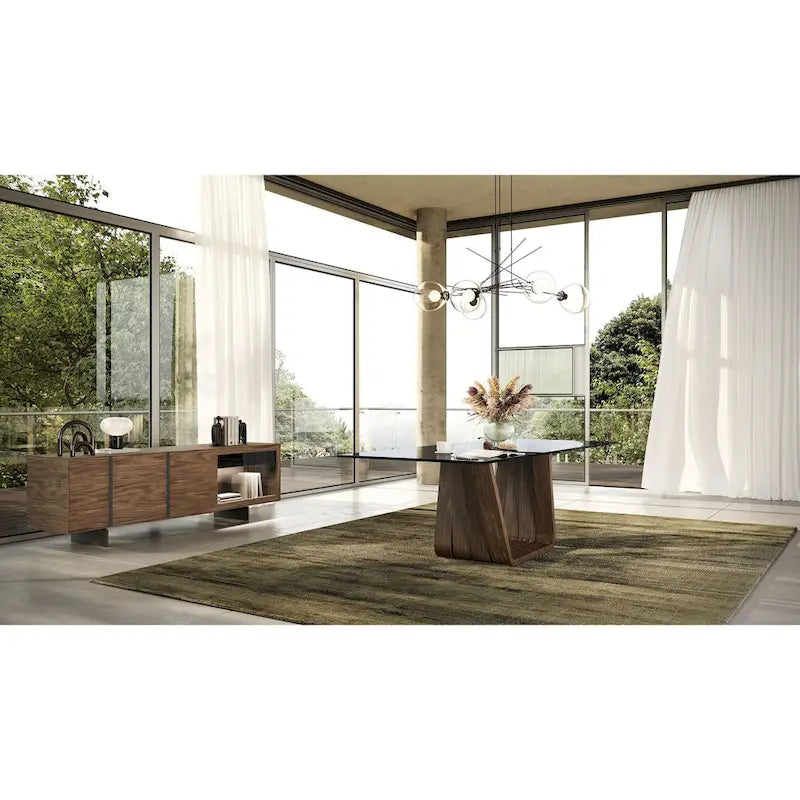 Enfilade Mid-Century Modern avec placage en noyer, portes obliques et panneau en verre gris