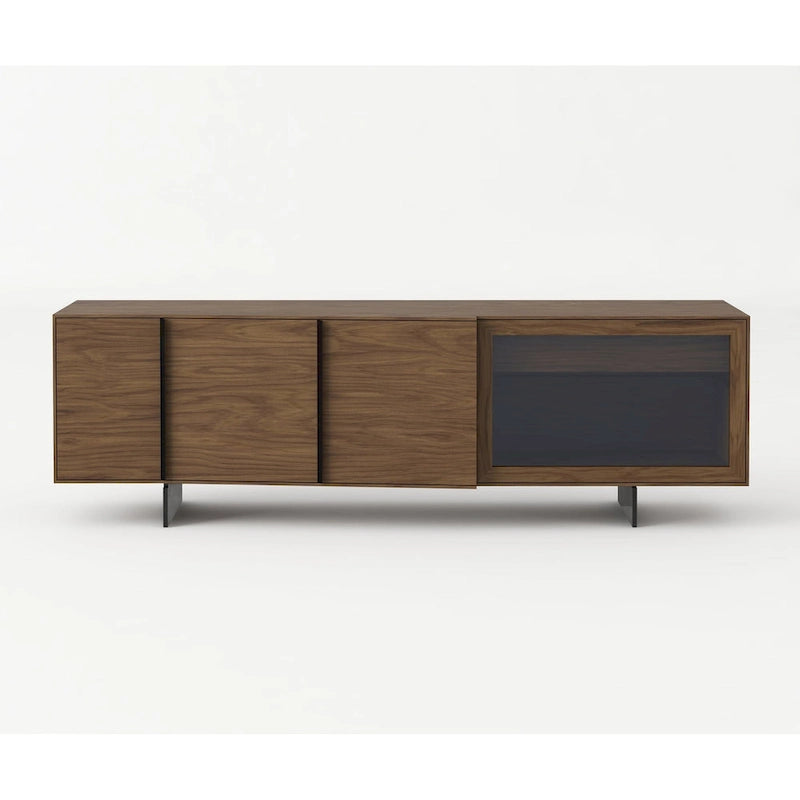 Enfilade Mid-Century Modern avec placage en noyer, portes obliques et panneau en verre gris