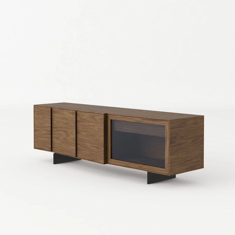 Enfilade Mid-Century Modern avec placage en noyer, portes obliques et panneau en verre gris
