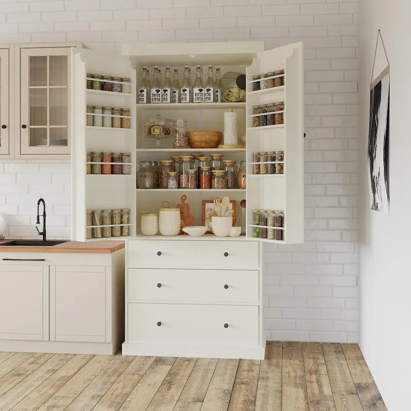 Garde-manger de cuisine de 77 pouces, armoire de rangement haute autonome avec 3 étagères réglables, 8 étagères de porte, 3 tiroirs