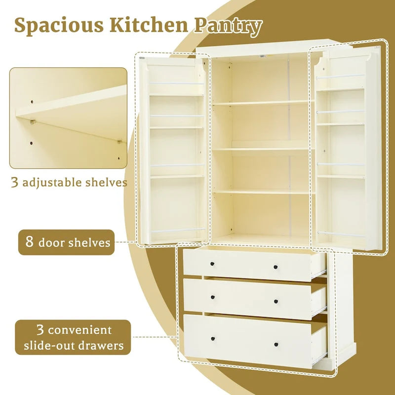 Garde-manger de cuisine de 77 pouces, armoire de rangement haute autonome avec 3 étagères réglables, 8 étagères de porte, 3 tiroirs