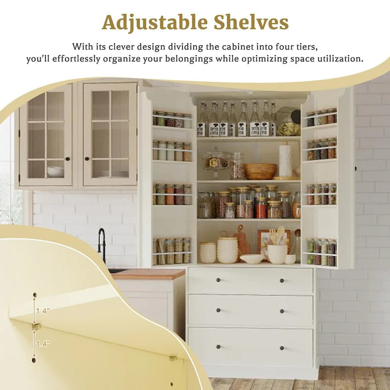 Garde-manger de cuisine de 77 pouces, armoire de rangement haute autonome avec 3 étagères réglables, 8 étagères de porte, 3 tiroirs